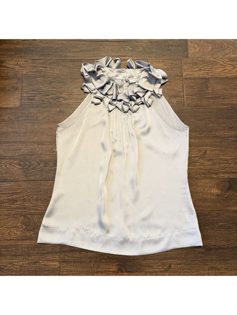 Violet & Claire Ruffle Halter Neck Satin Blouse Top Silver Gray Metallic Medium